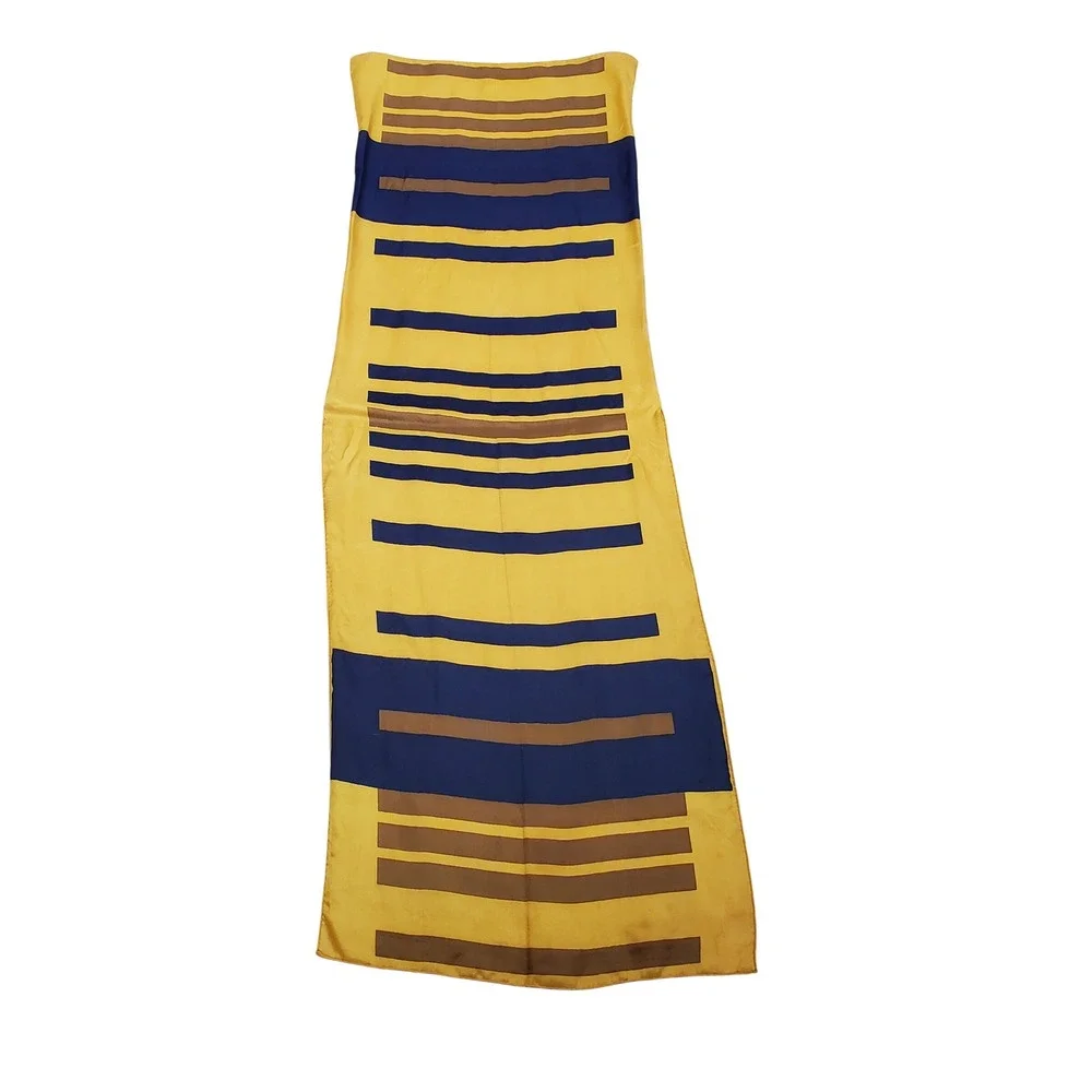 Vintage Geometric‎ Stripe Silk Scarf Yellow Blue Brown Headband Accessory